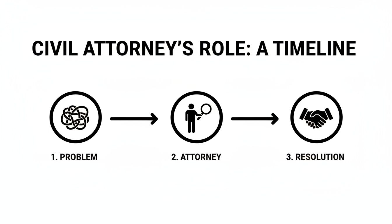 Timeline diagram illustrating a civil attorney's role from problem to resolution with corresponding icons.