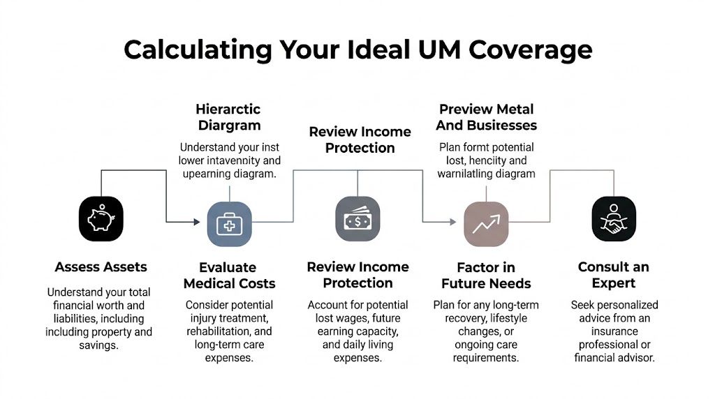 An infographic showing five steps for calculating ideal uninsured motorist insurance coverage needs.