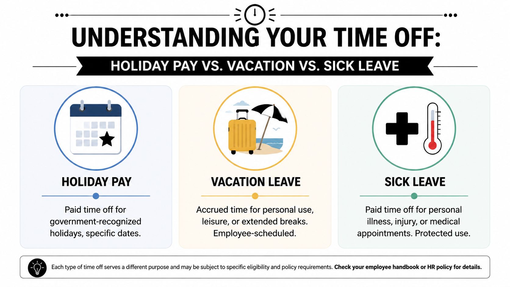 A visual guide explaining the differences between holiday pay, vacation leave, and sick leave for employees.