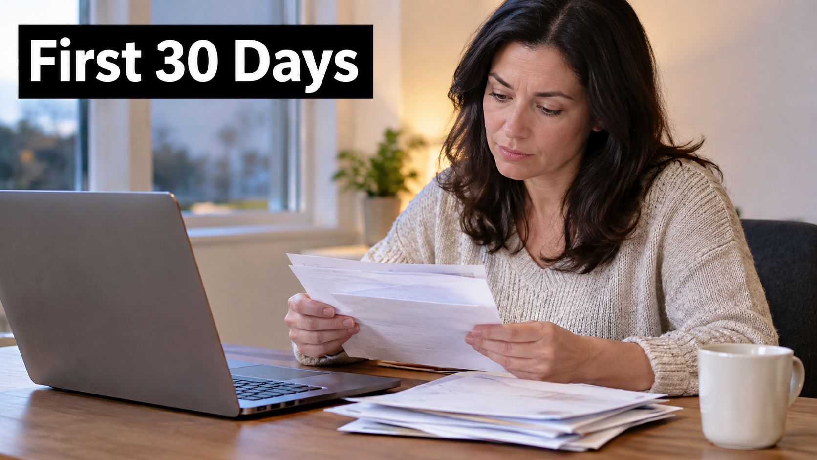 A concerned woman sitting at a desk reviewing financial documents and paperwork while working on a laptop.