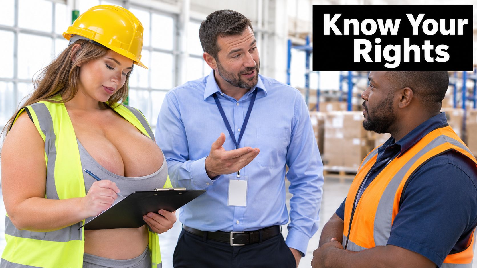 A manager speaks with two warehouse workers while they review documents in a workplace environment.