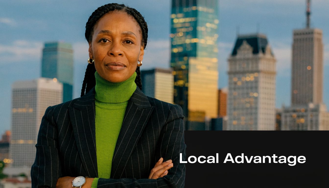 A professional woman in a pinstripe blazer and green turtleneck posing confidently in front of a city skyline.