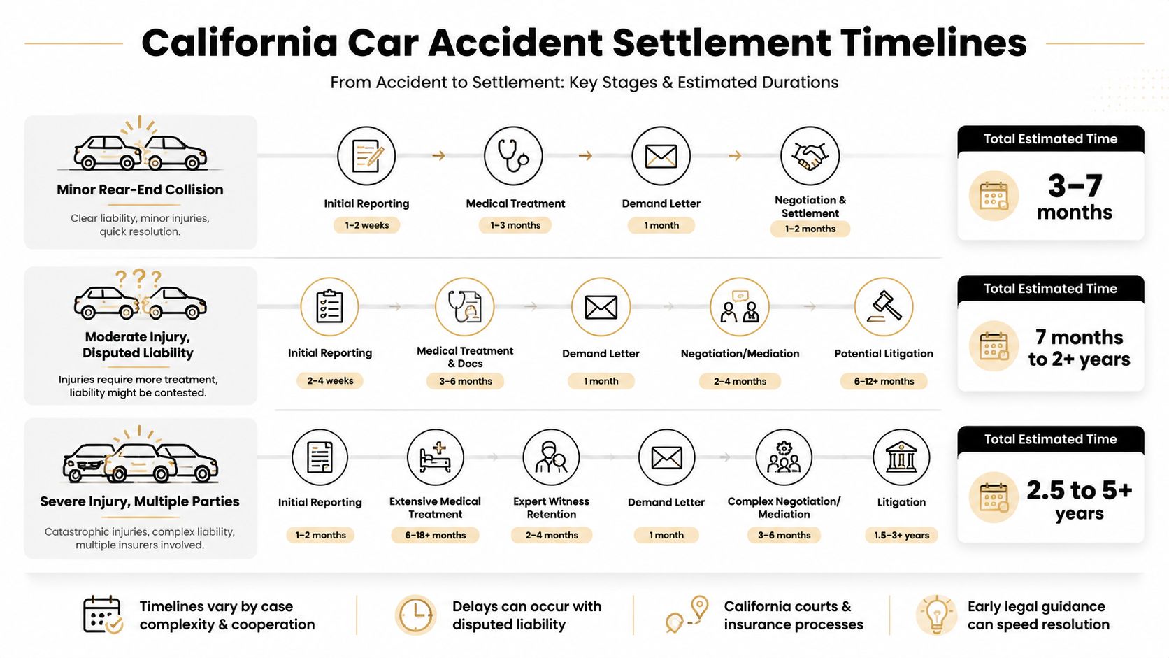 A chart showing estimated timeframes for California car accident settlements based on injury severity and case complexity.