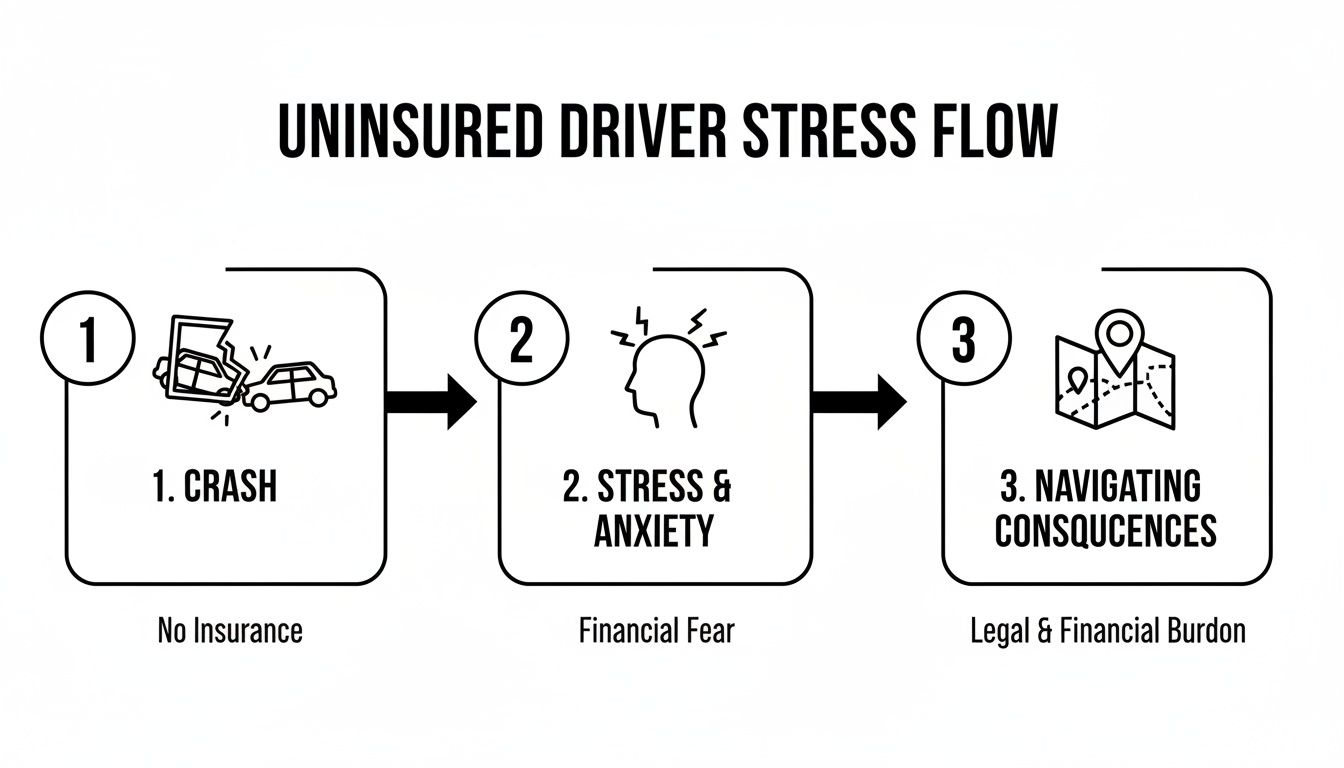 A flow chart illustrates the stress an uninsured driver faces after a crash, from initial impact to legal and financial burdens.
