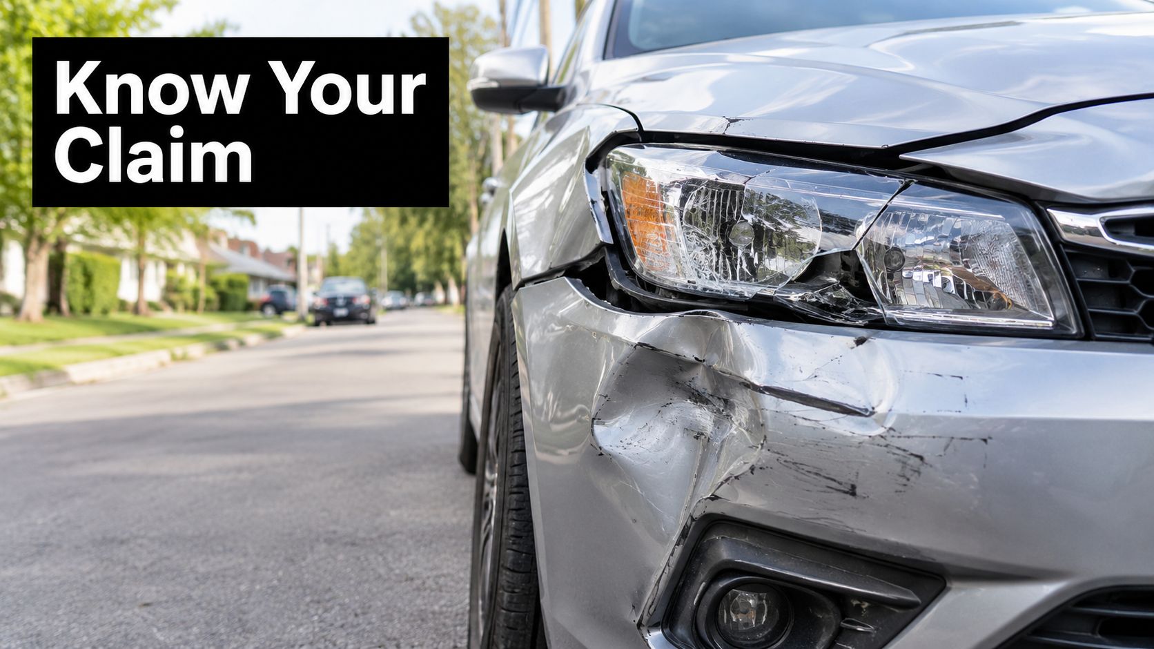 A close-up view of a damaged silver car bumper and headlight following a road traffic accident.