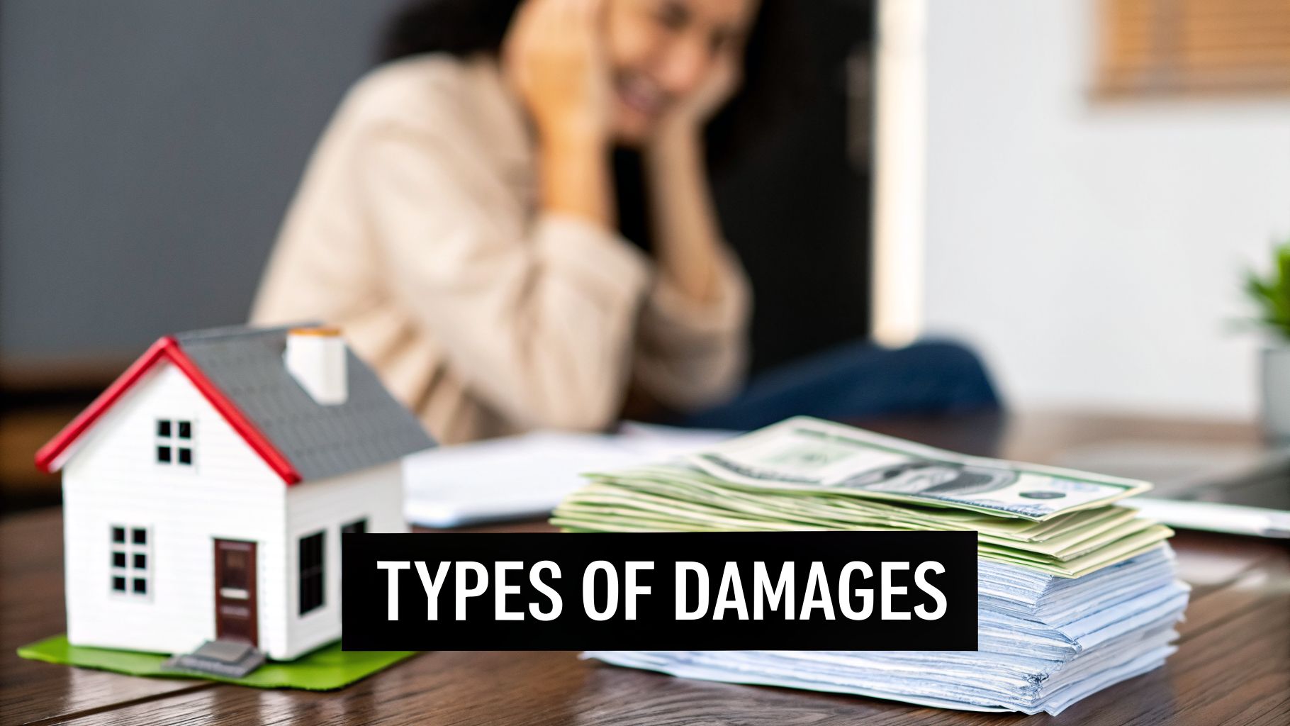 A miniature house, stacked money, and documents with 'TYPES OF DAMAGES' text, illustrating financial compensation.