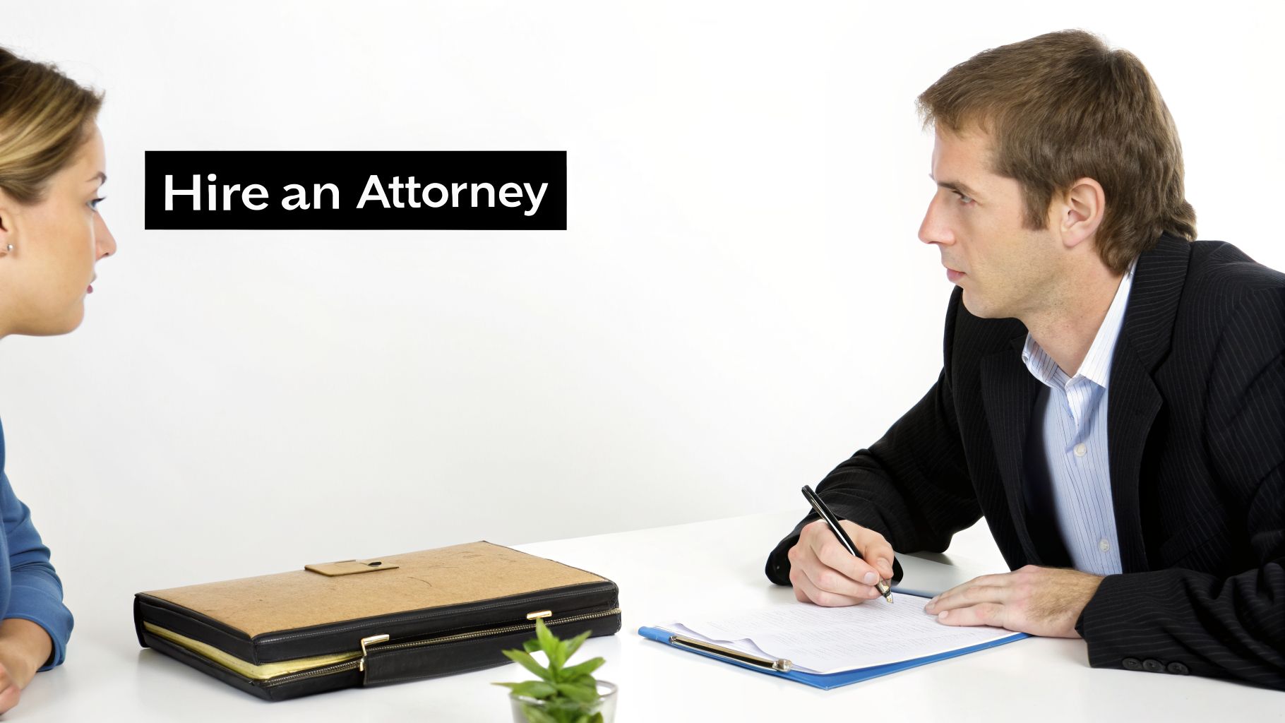 A lawyer in a suit writes while a client observes, with 'Hire an Attorney' text.