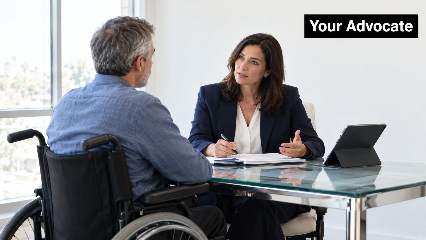 A professional lawyer consults with a male client sitting in a wheelchair during a legal appointment.