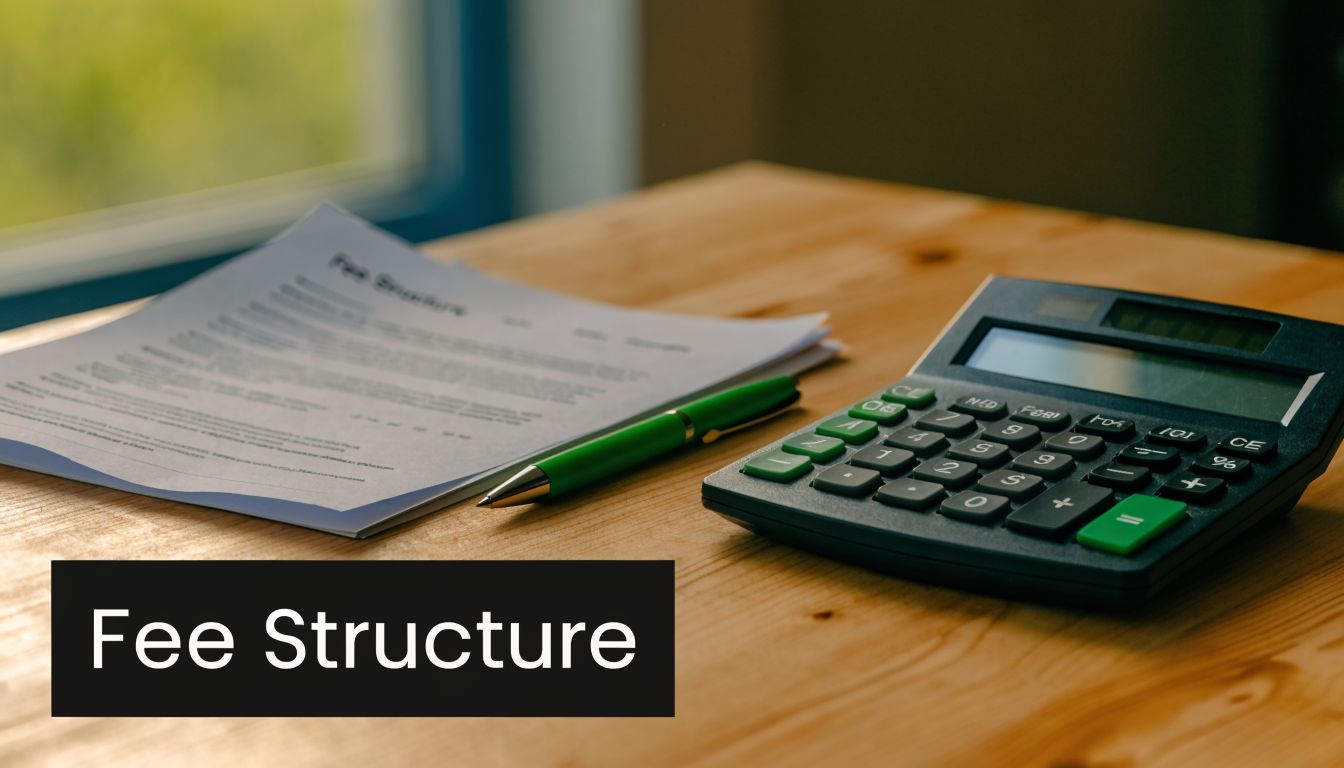A calculator and a pen placed on a wooden desk next to a business fee structure document.