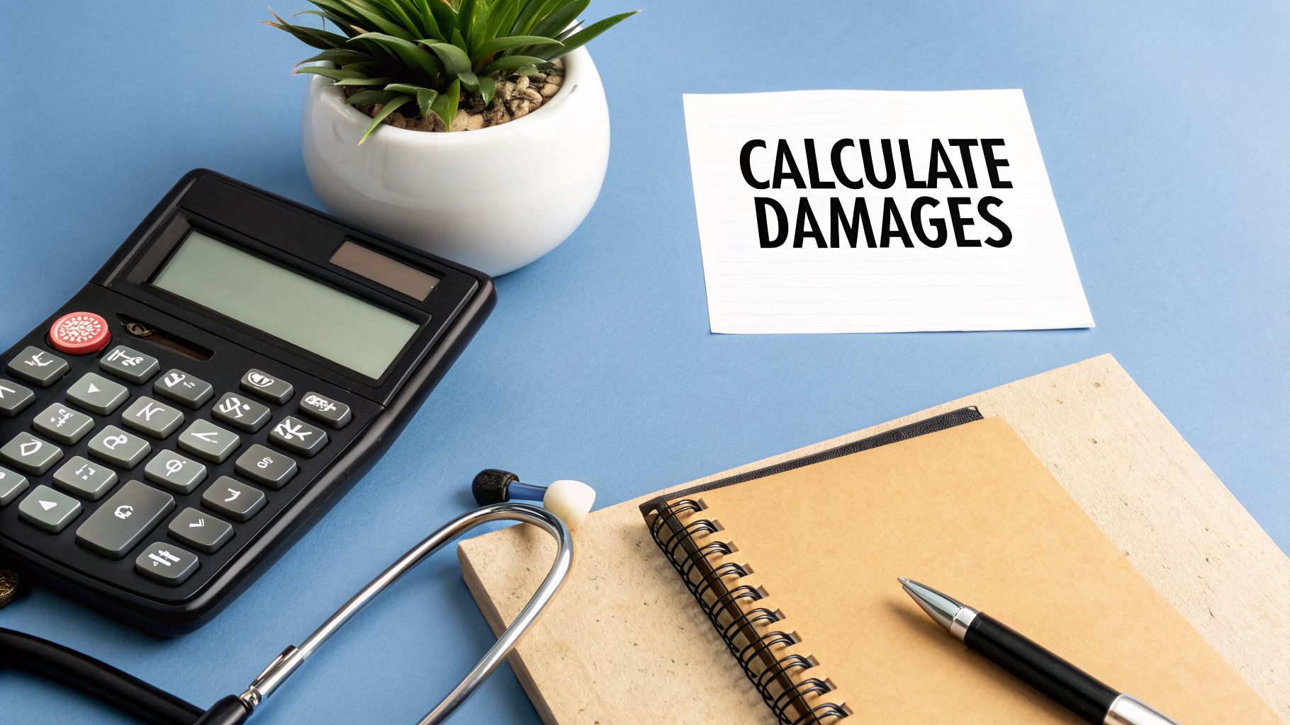 Desk with a calculator, stethoscope, notebooks, and a note saying 'CALCULATE DAMAGES' for legal assessment.