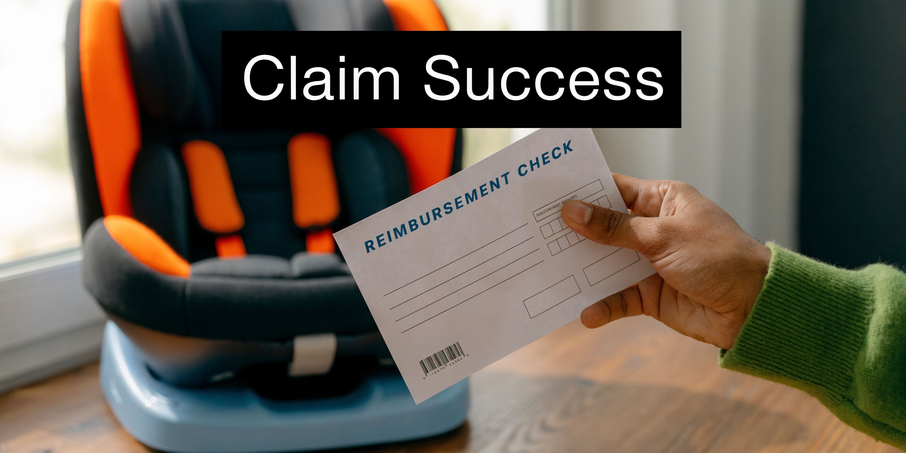 A person holding a reimbursement check in front of a child safety car seat.