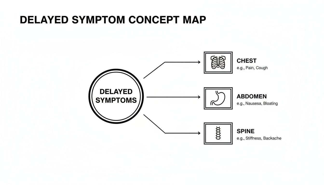 A concept map showing delayed symptoms linked to specific body parts: chest (pain, cough), abdomen (nausea, bloating), and spine (stiffness, backache).