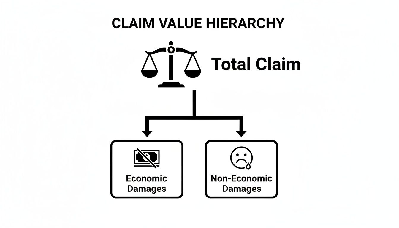 Diagram illustrating claim value hierarchy, breaking down a total claim into economic and non-economic damages.
