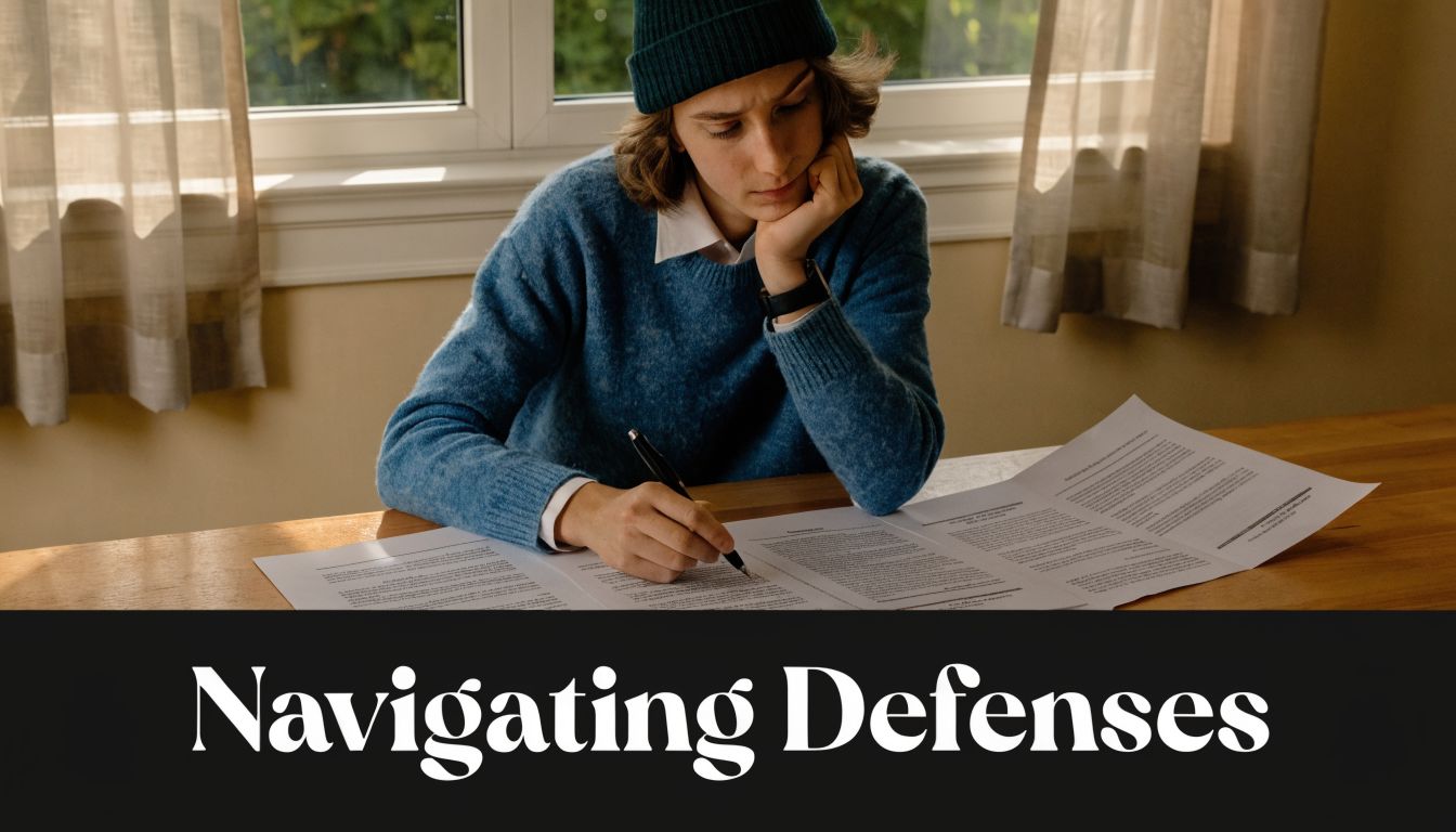 A focused student wearing a beanie sits at a wooden desk while reviewing and annotating legal documents.