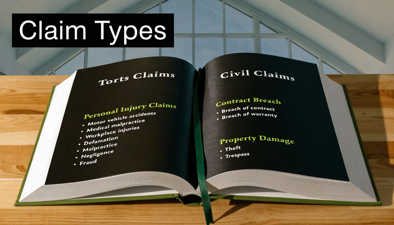 An open book on a desk displaying common types of legal claims including torts and civil claims.