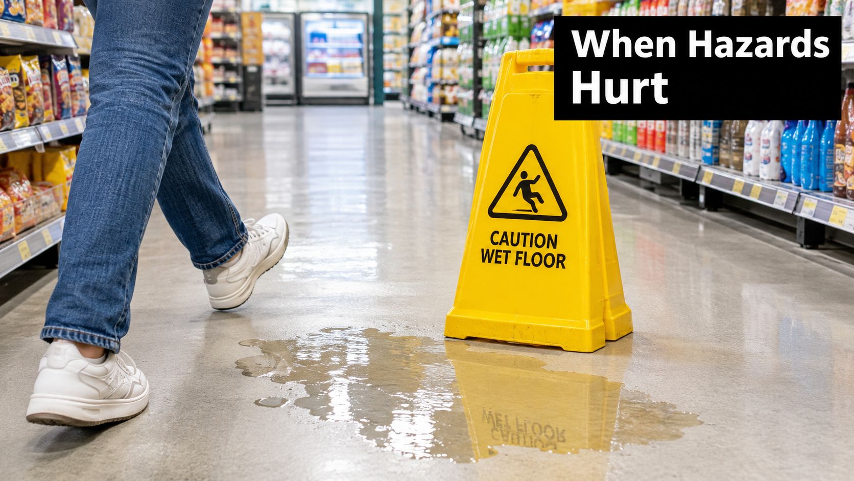 A person walks toward a wet floor spill in a grocery store near a yellow caution sign.