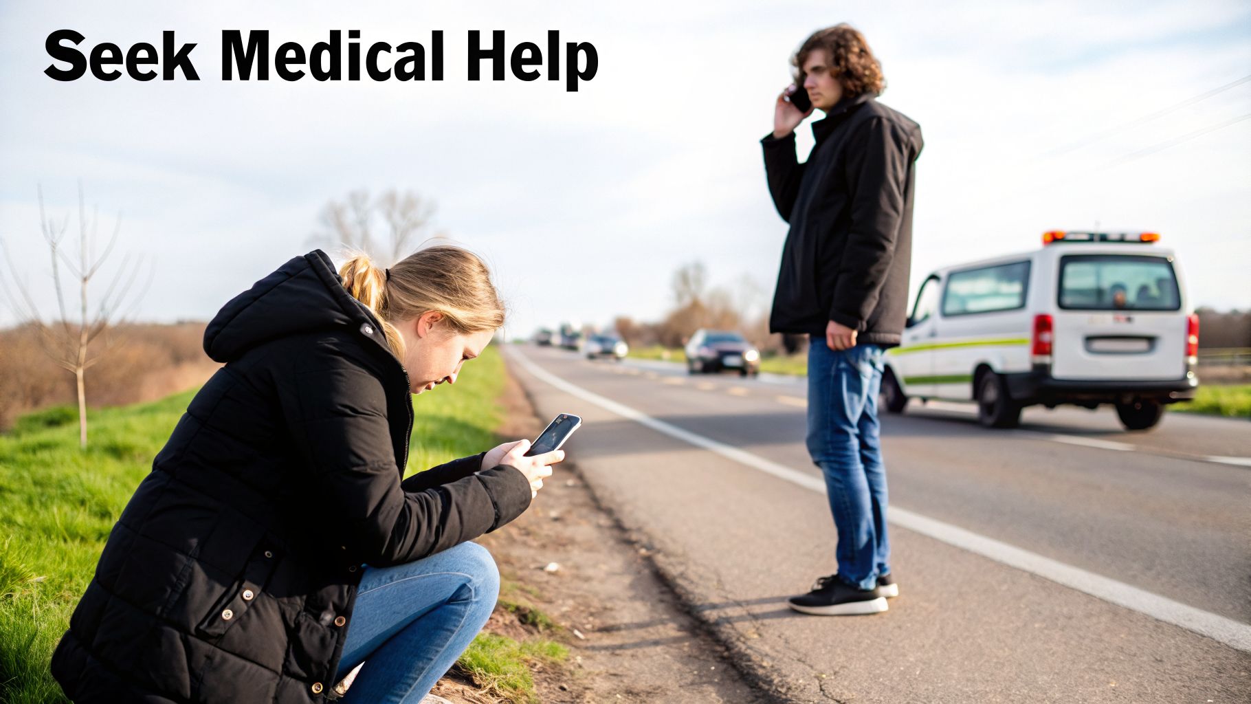 Two people by a roadside making phone calls, likely seeking medical or emergency assistance.