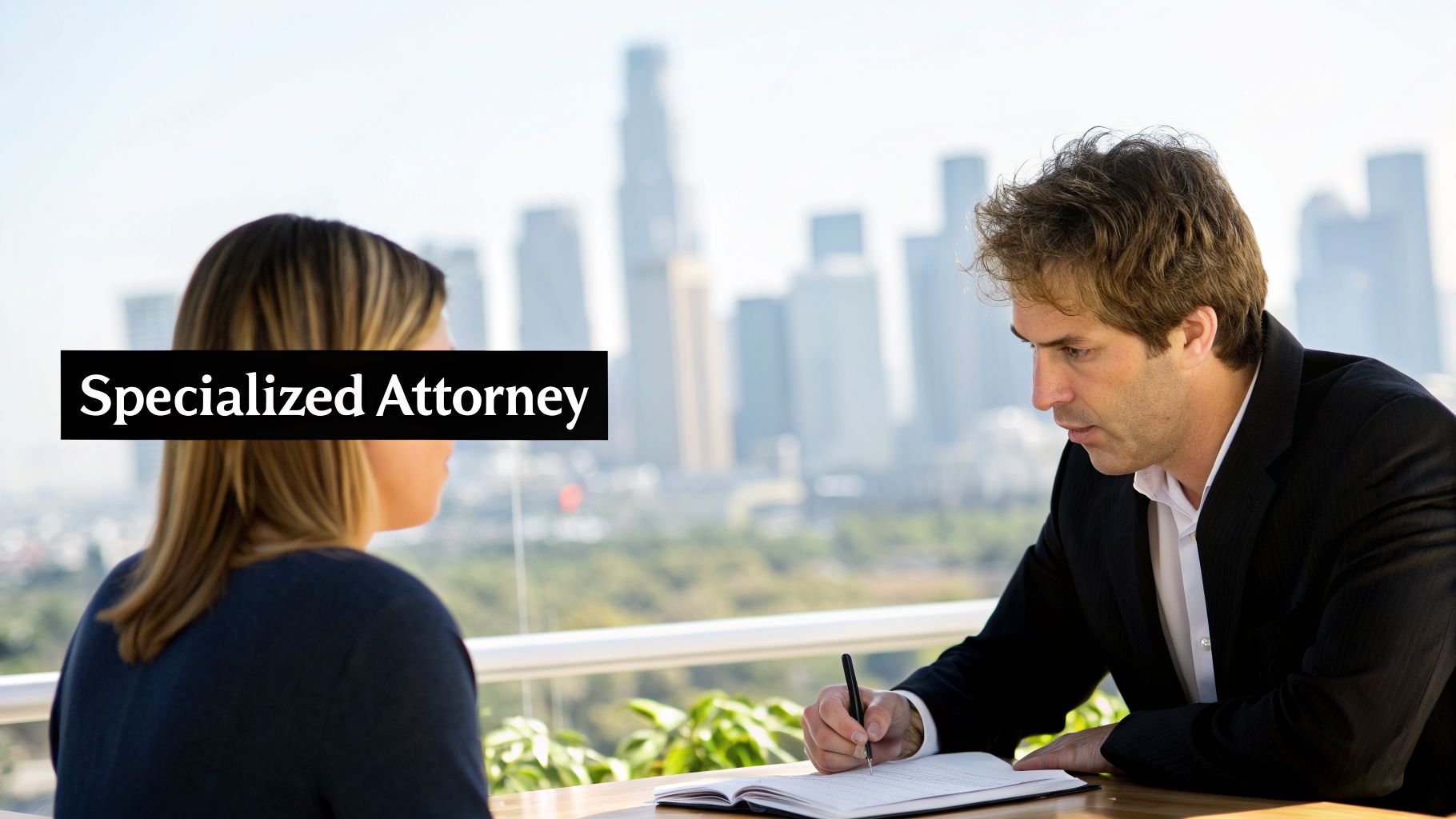 A man and woman meet with a specialized attorney outdoors, overlooking a city skyline.