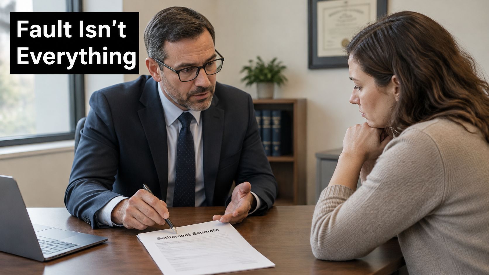 A professional attorney discussing a legal settlement estimate document with a concerned female client in an office.