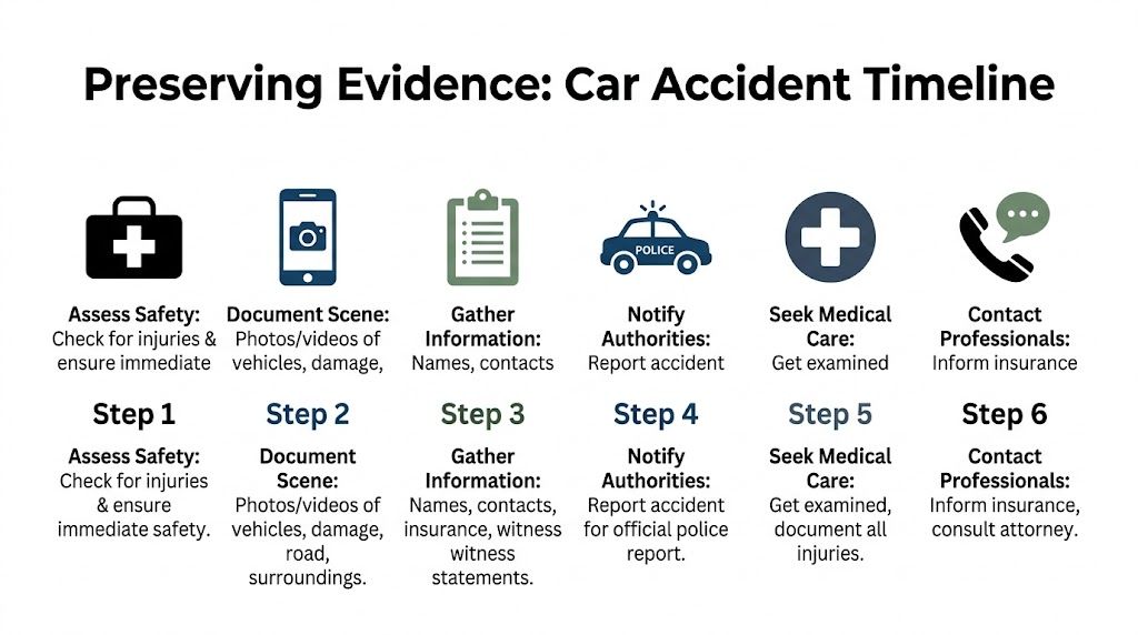 A six-step infographic guide detailing the essential actions to take after being involved in a car accident.