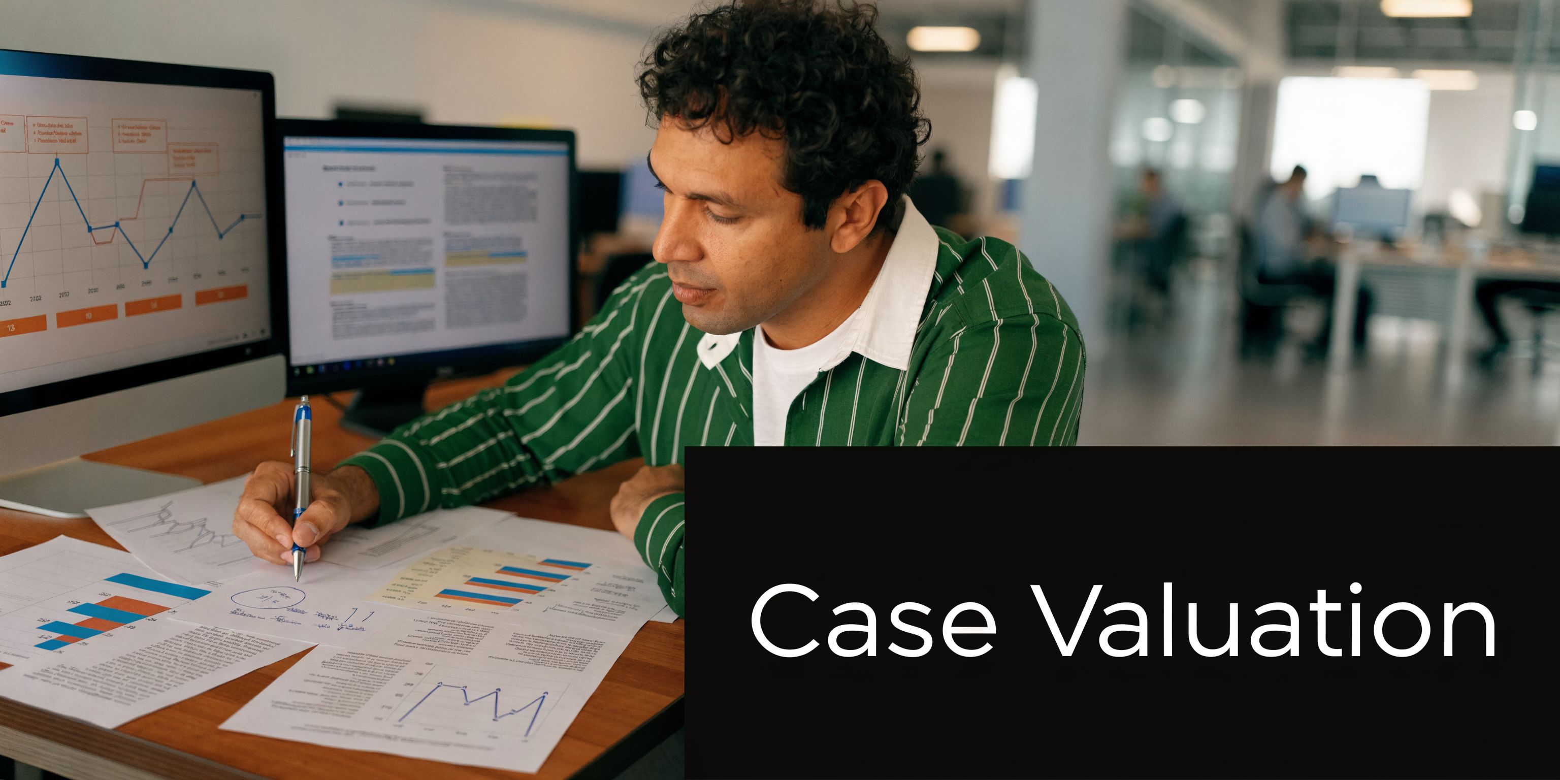 A professional analyzing financial data and legal case valuation metrics at his office desk with multiple monitors.