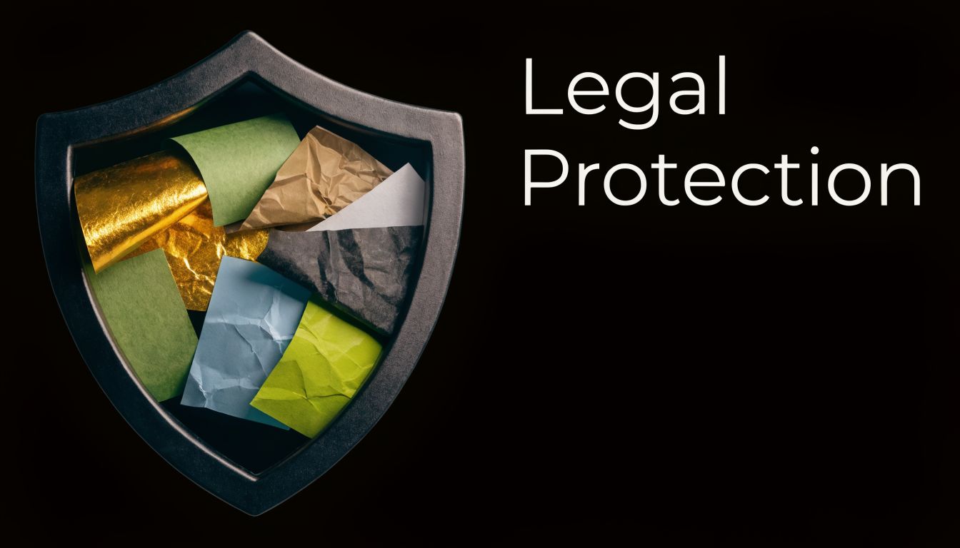 A decorative shield shape containing various pieces of crumpled paper protecting them against a black background.