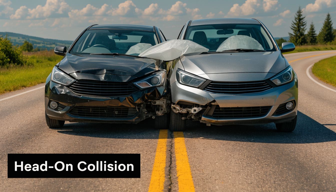 A black car and a silver car involved in a serious head-on collision on a country road.