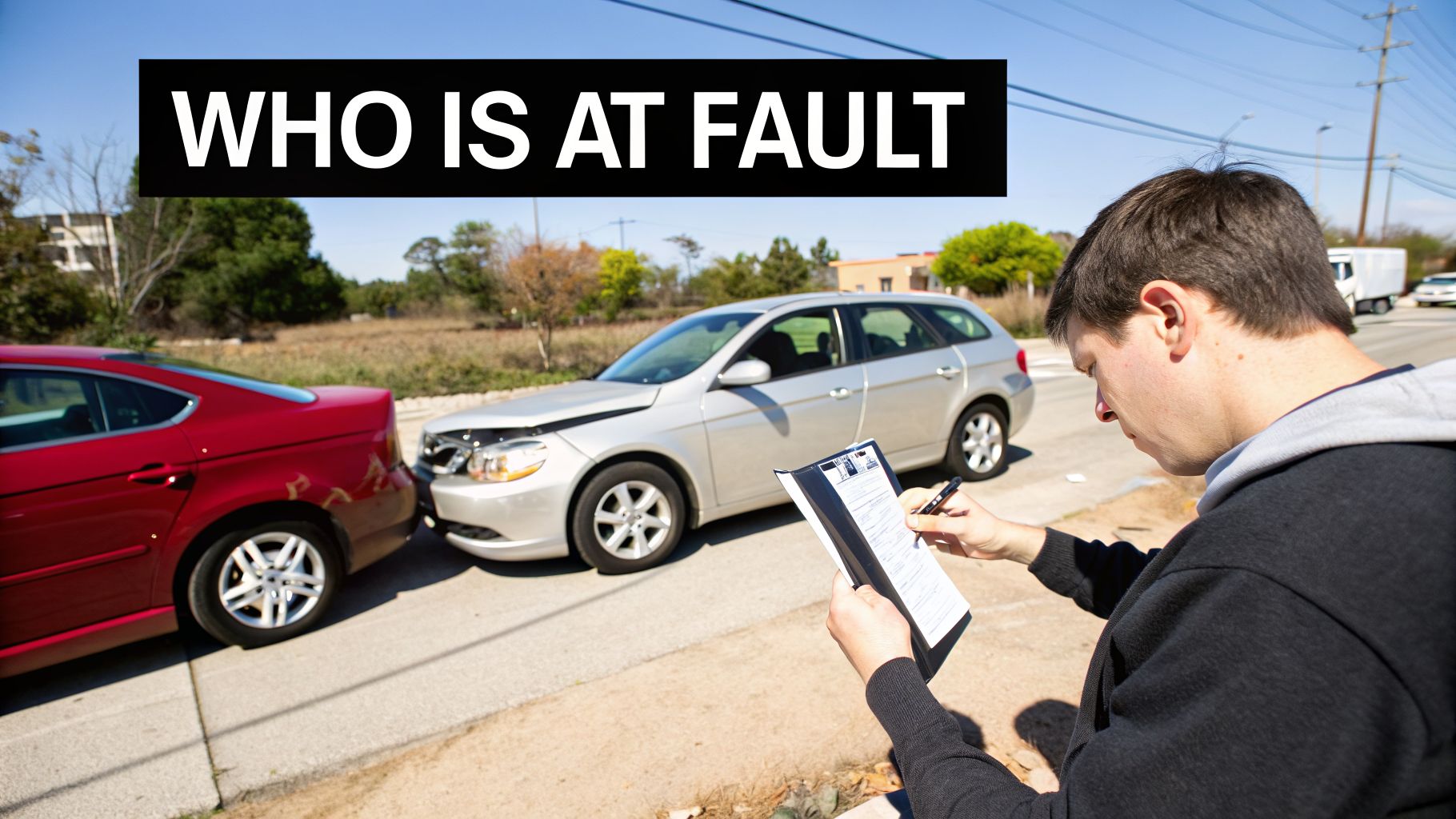A man fills out a report after a minor car accident between a red sedan and a silver wagon.