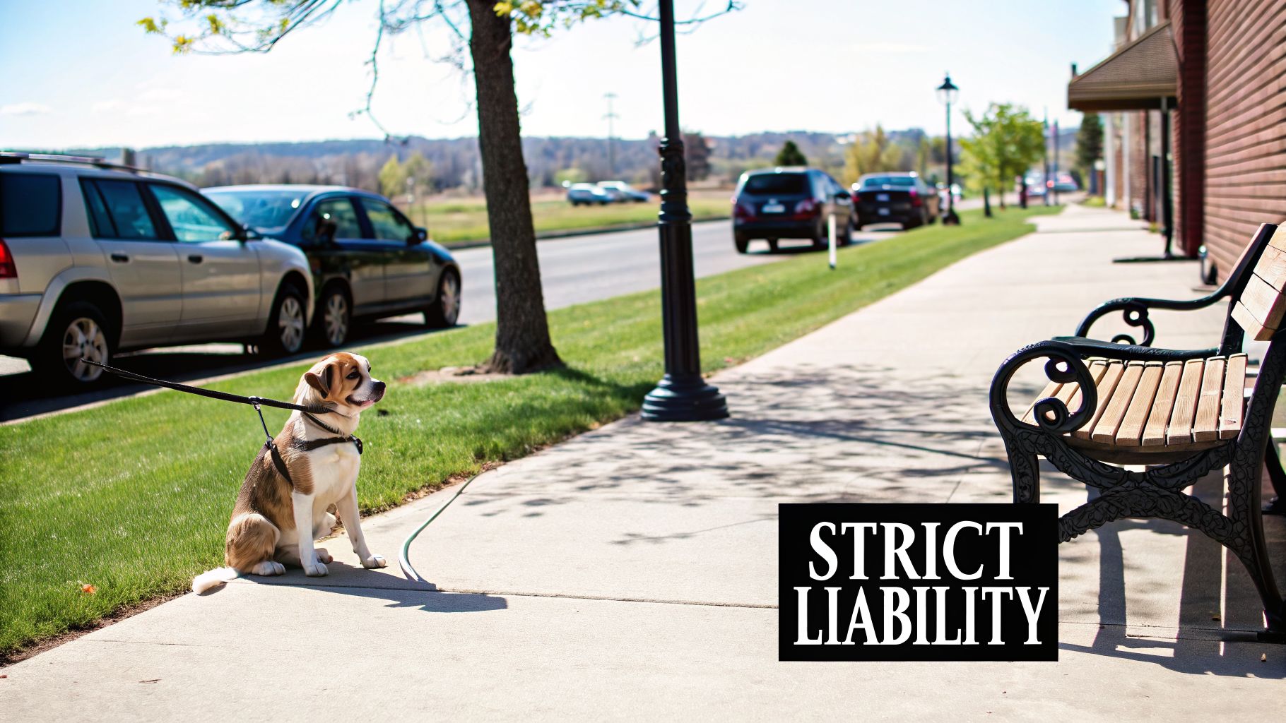 A brown and white dog on a leash sits patiently on a sidewalk next to parked cars, with "STRICT LIABILITY" text.