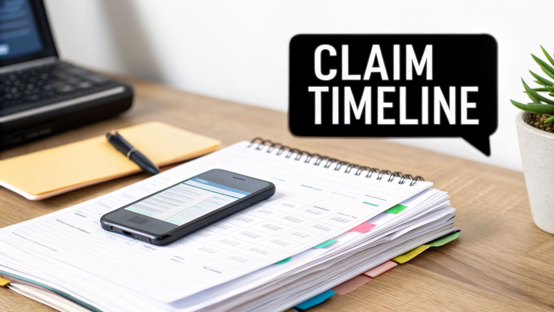 A desk setup with a laptop, phone, documents, and a speech bubble saying 'CLAIM TIMELINE'.