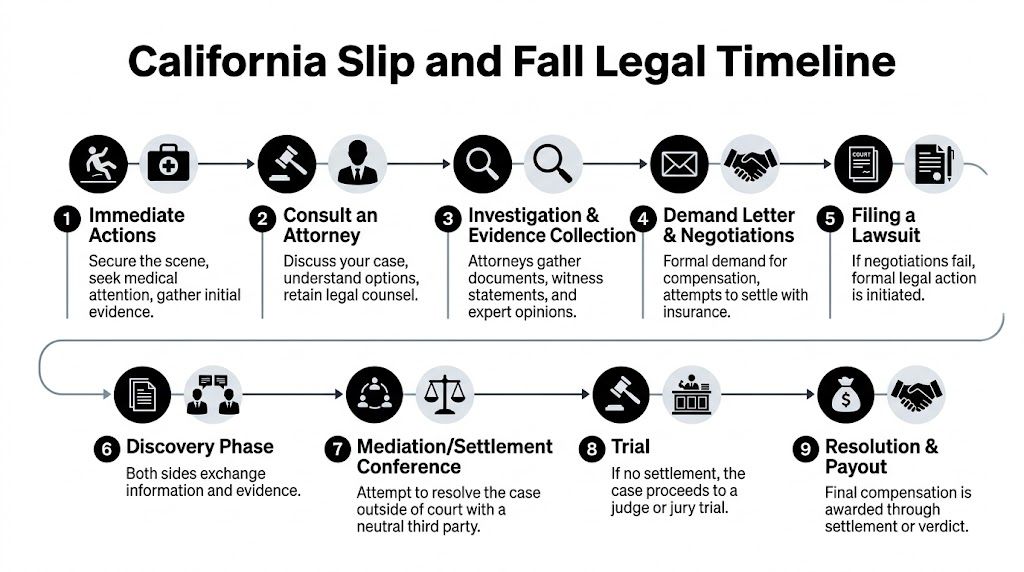 A nine-step infographic detailing the chronological legal process for a slip and fall lawsuit in California.