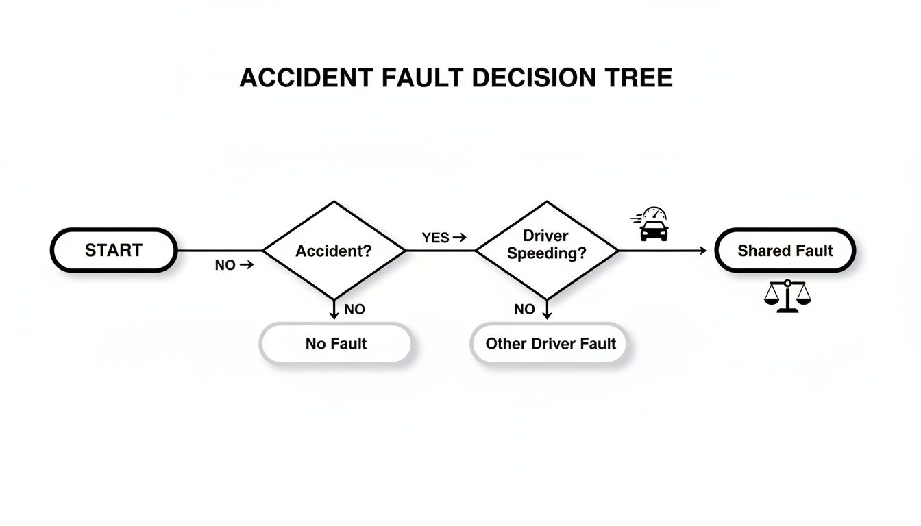 Decision tree flowchart illustrating accident fault determination based on accident occurrence and driver speeding.