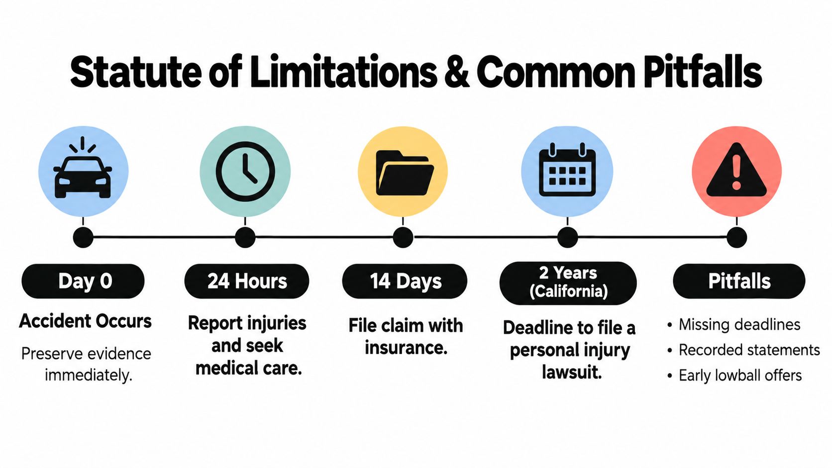 A timeline graphic showing the steps and deadlines for filing an injury claim after an accident.
