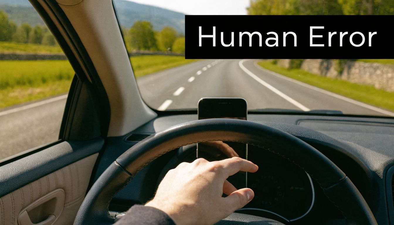 A person driving a car while using a smartphone, illustrating the concept of dangerous human error.