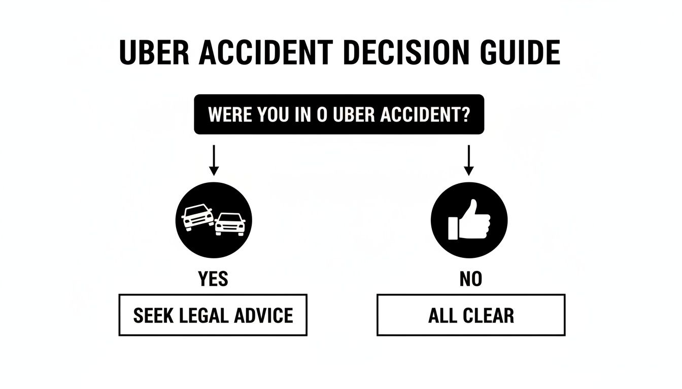 Flowchart for Uber accident decisions: 'Yes' leads to 'Seek Legal Advice', 'No' leads to 'All Clear'.