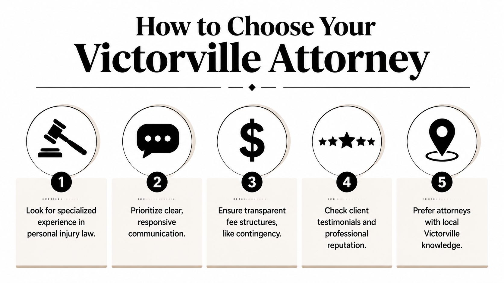 A five-step guide on how to choose a qualified personal injury attorney in Victorville, California.