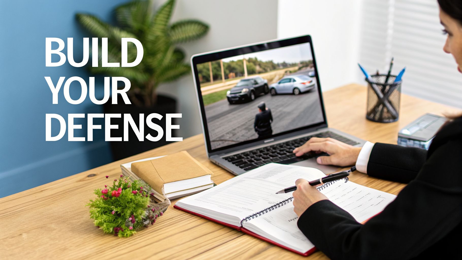 Person studies car accident video on laptop, taking notes for defense strategy.