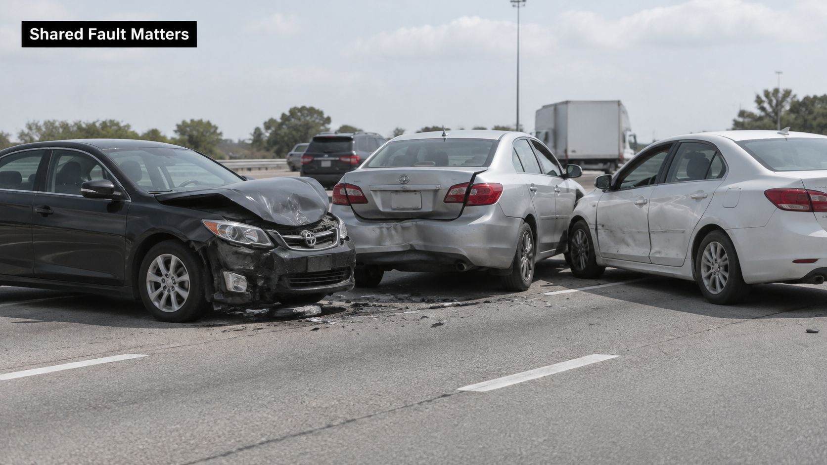 A highway scene showing a multi-vehicle car accident involving three damaged cars on the road.
