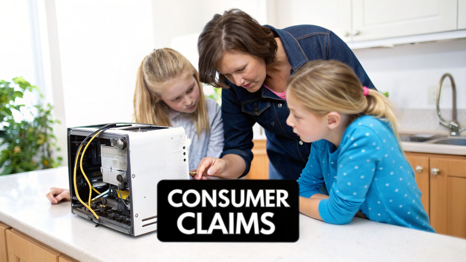 A mother and two daughters examine a broken kitchen appliance, symbolizing consumer claims and product issues.