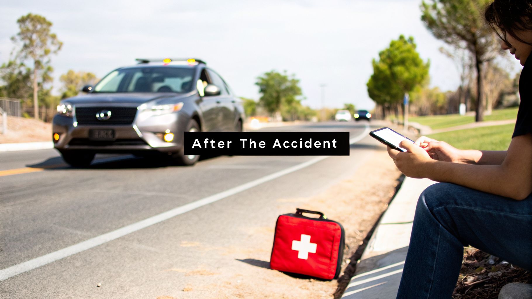 A person uses a phone by the roadside with a red first-aid kit, a blurred car in the background.