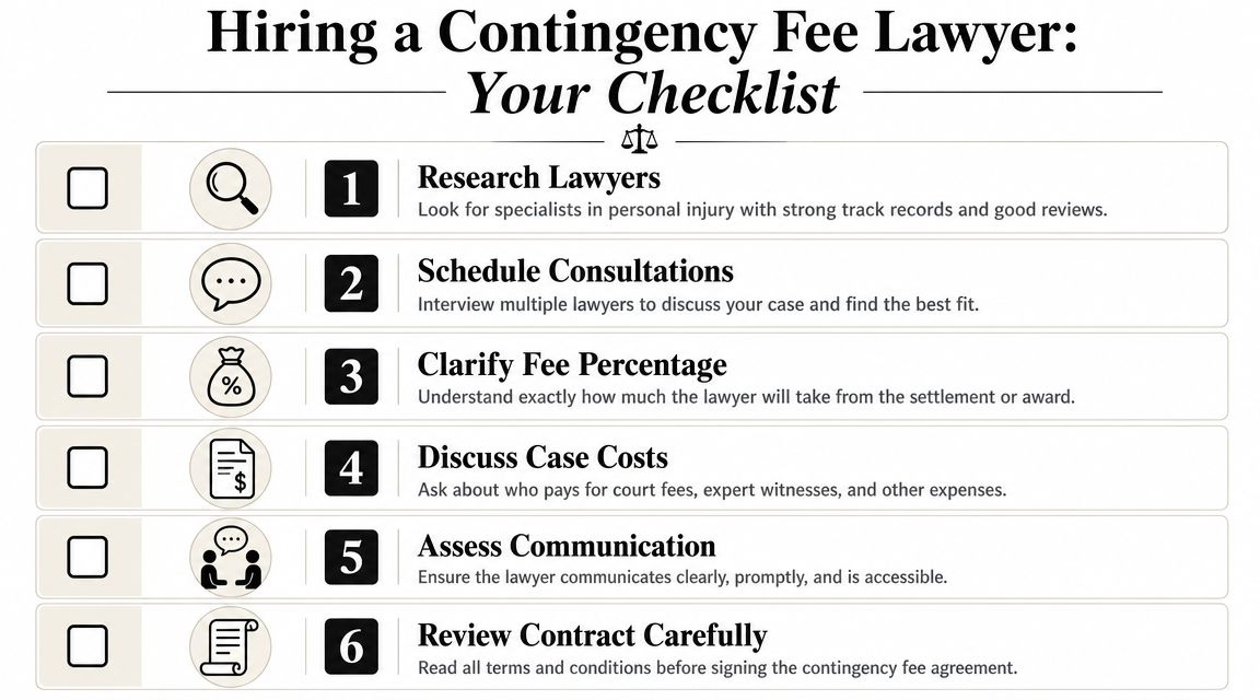 A checklist infographic titled Hiring a Contingency Fee Lawyer with six steps for choosing legal representation.