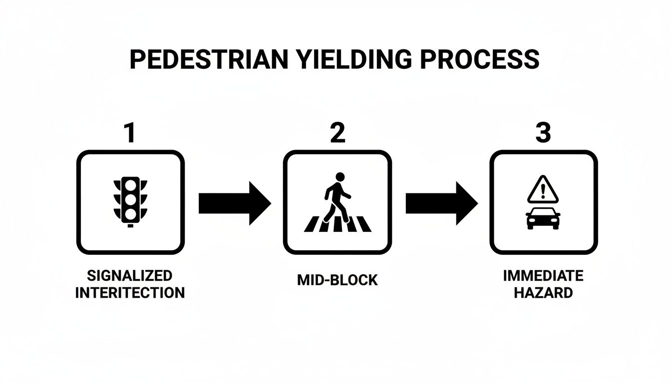 Flowchart illustrating the pedestrian yielding process with three steps: signalized intersection, mid-block, and immediate hazard.
