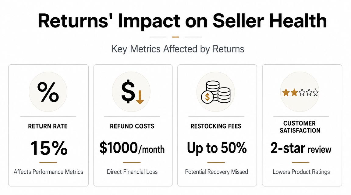 An infographic detailing how customer returns negatively impact a seller's financial health and performance metrics on Amazon.