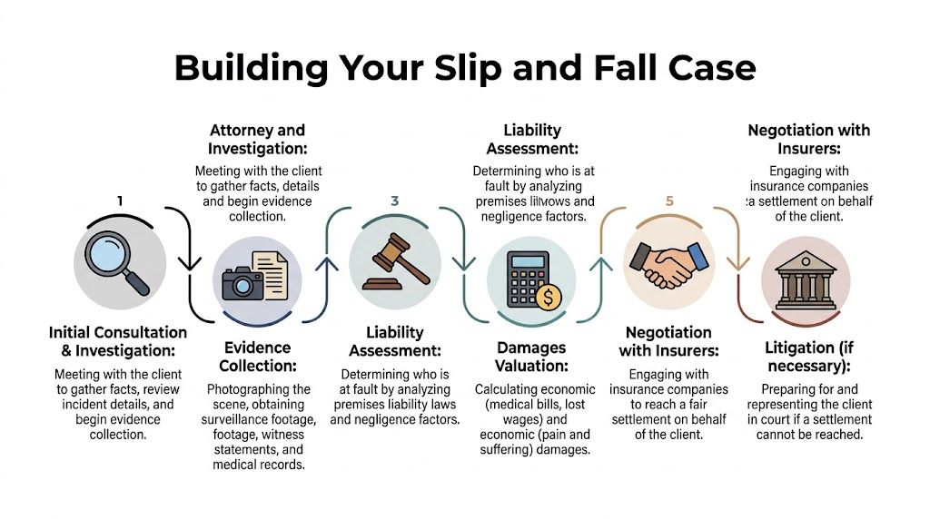 A six-step infographic illustrating the legal process for building a successful slip and fall accident case.