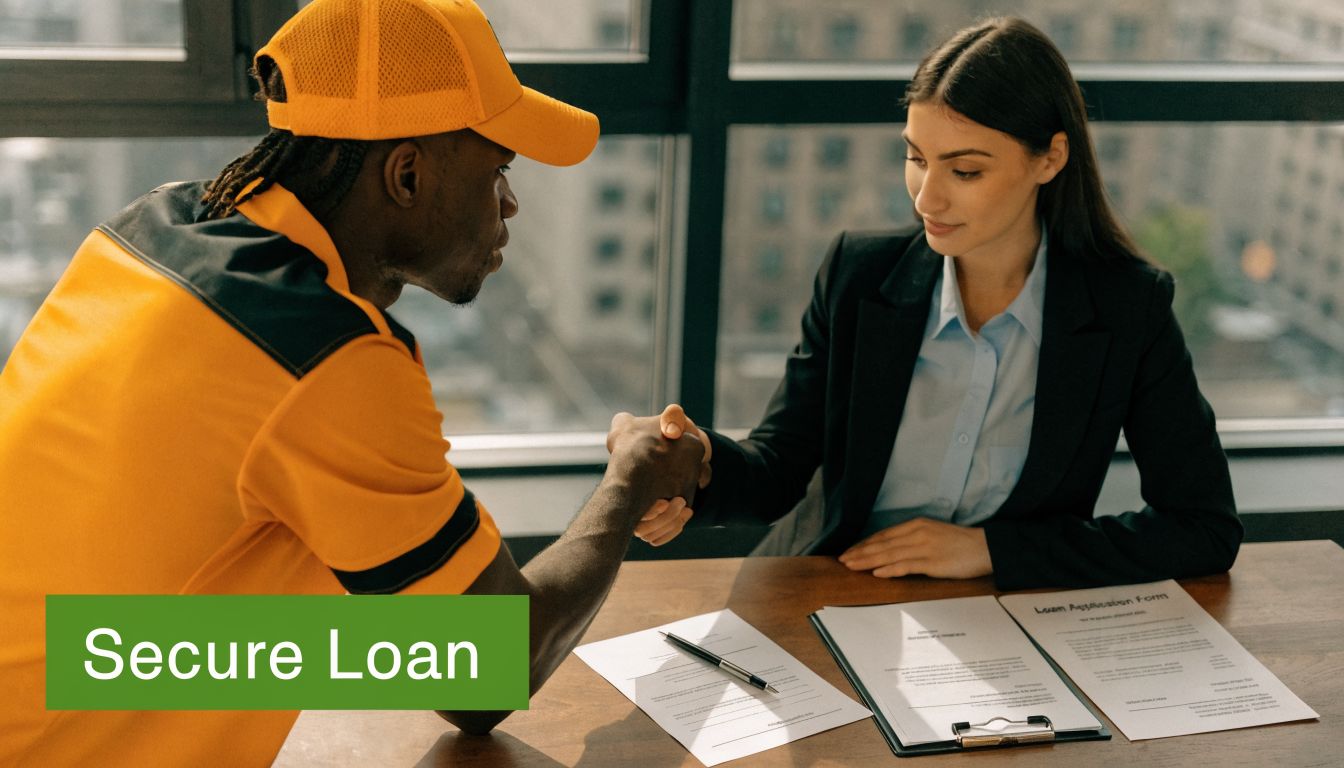 A professional woman in a business suit shaking hands with an Uber delivery driver over loan paperwork.