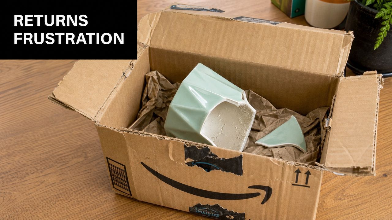 A broken light green ceramic planter inside an open Amazon delivery box on a wooden surface.