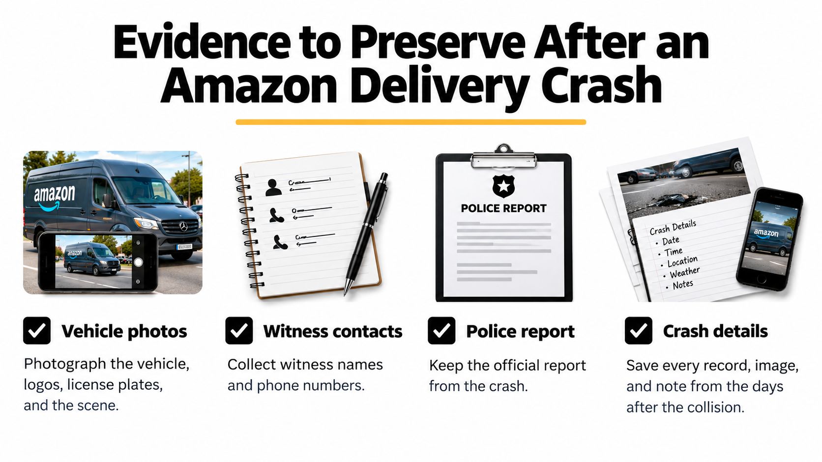 An infographic titled Evidence to Preserve After an Amazon Delivery Crash listing four essential documentation steps.