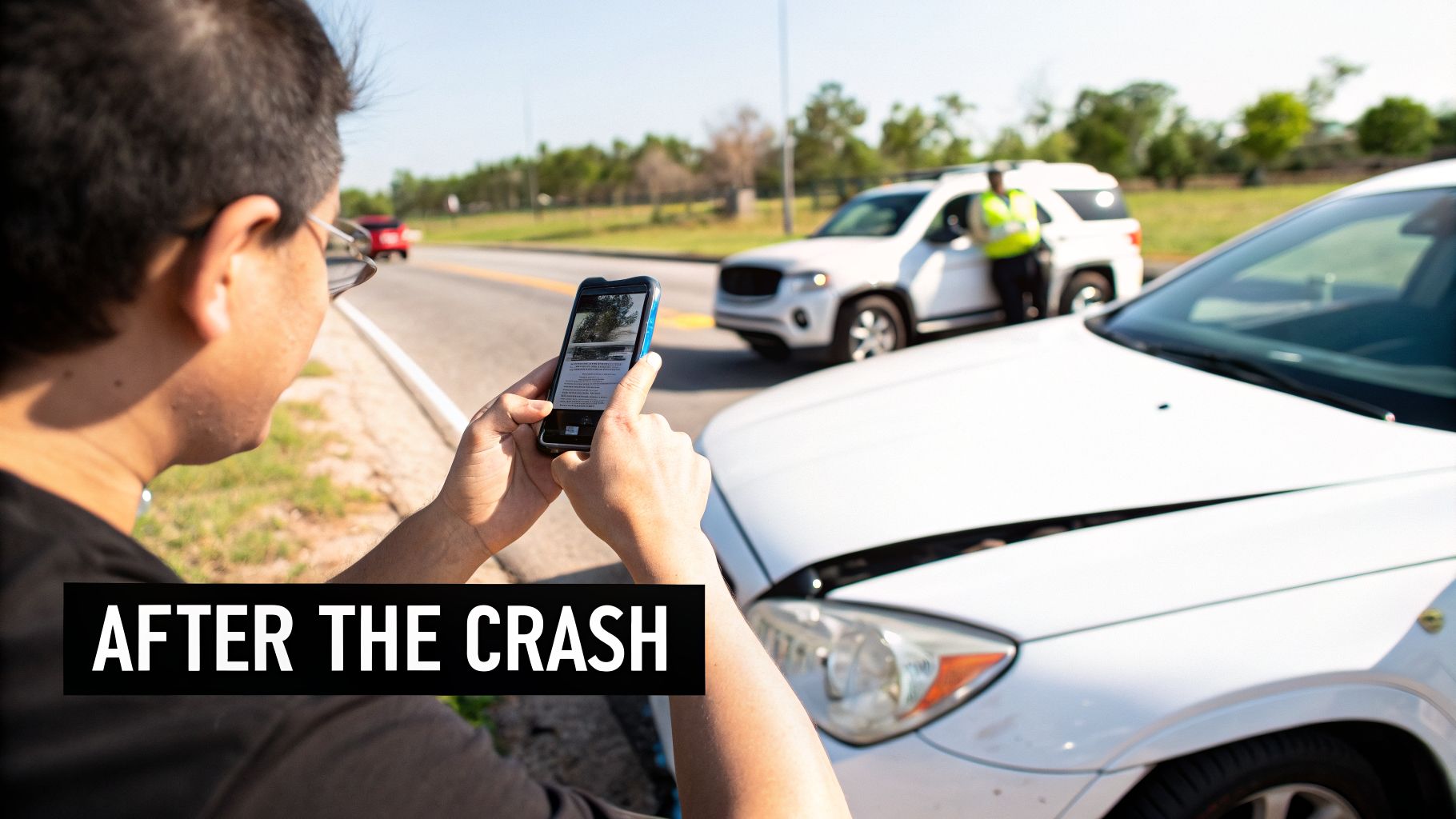 Man documenting car accident aftermath on a smartphone, with damaged cars and a person in a safety vest nearby.