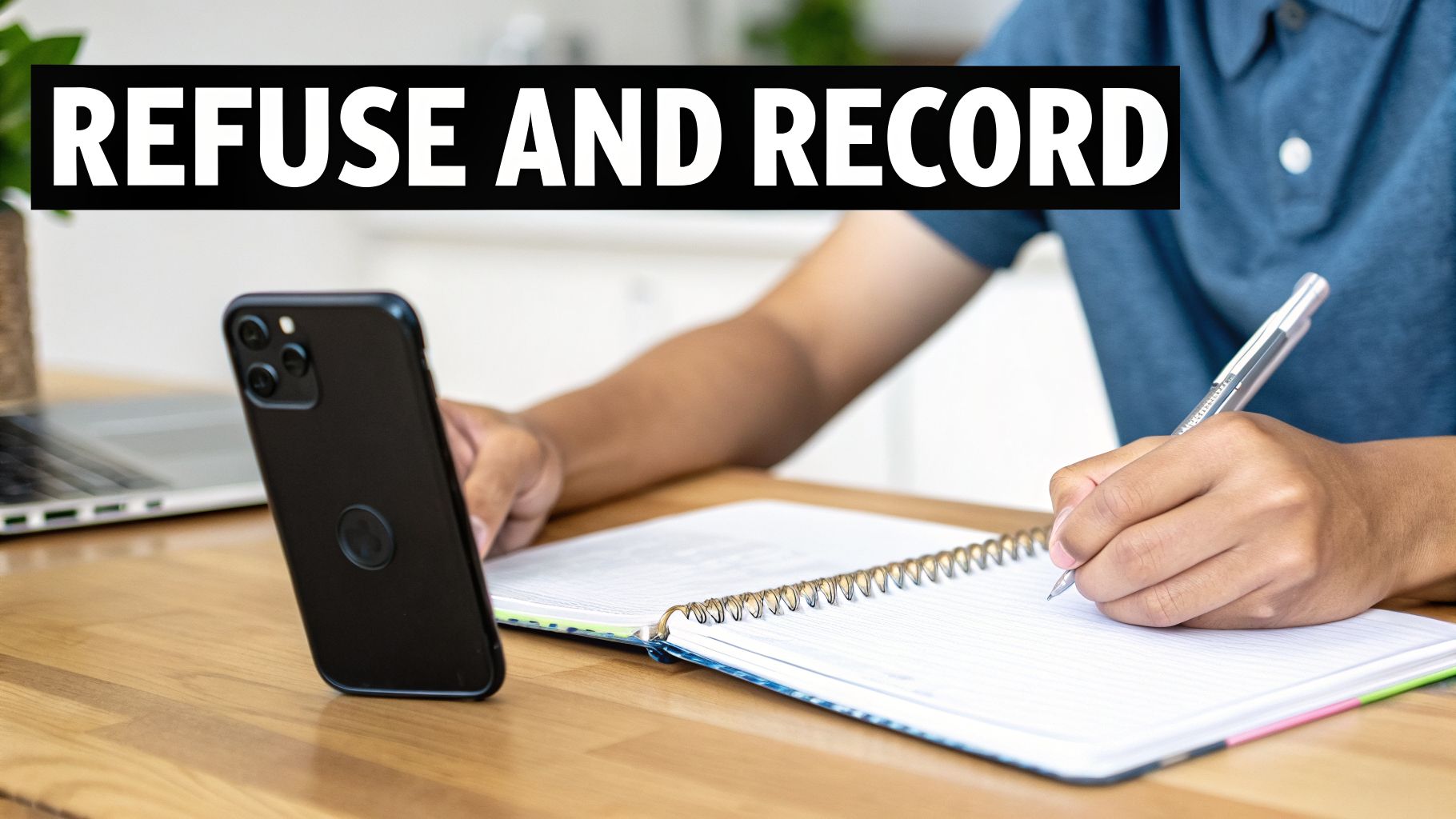 A person writing in a notebook next to a smartphone, with the text 'REFUSE AND RECORD' above.