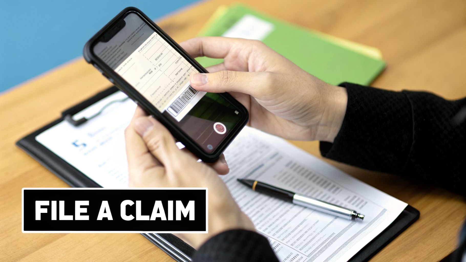 Person using a smartphone to scan a document with a barcode to file a claim.